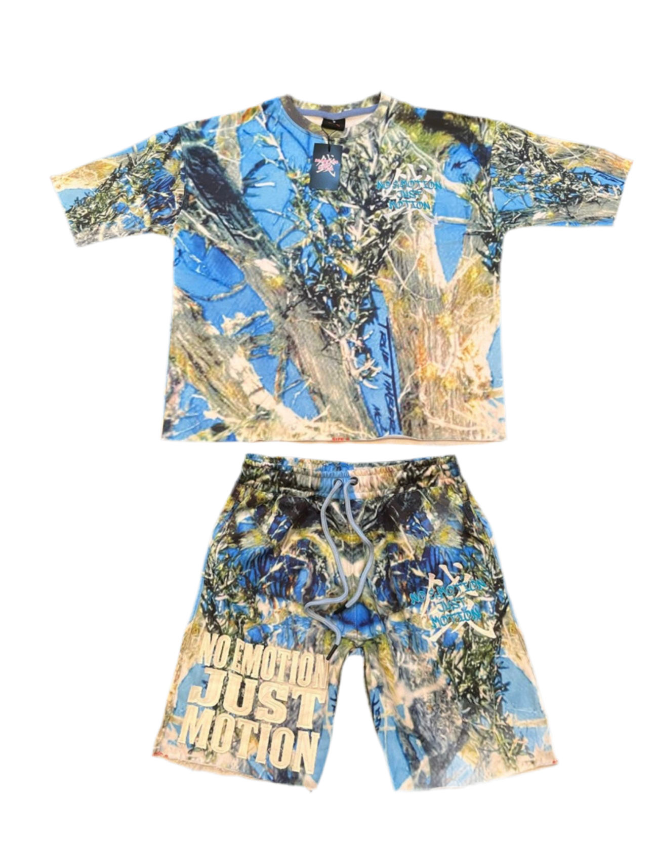 Blue and yellow camo shirt and shorts