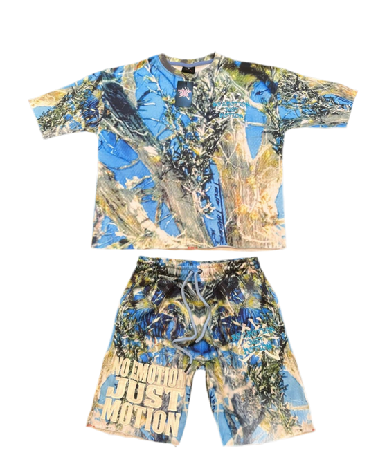 Blue and yellow camo shirt and shorts